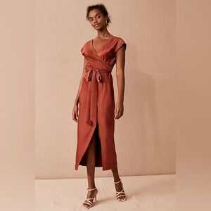 BHLDN Anthropologie Satin Wrap Midi Dress Rust Bridesmaid Wedding Size 4